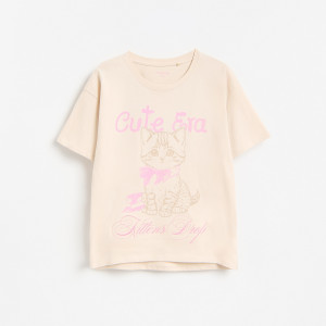 Luźny t-shirt z nadrukiem - 152 (11 lat) - beżowy - dziewczynki - Reserved - 896KC-08X
