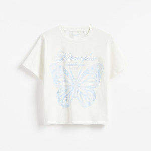 Luźny t-shirt z nadrukiem - 116 (5-6 lat) - złamana biel - dziewczynki - Reserved - 897KC-01X