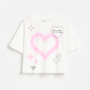 Krótki t-shirt z nadrukiem - 122/128 (6-8 lat) - złamana biel - dziewczynki - Reserved - 905KC-01X