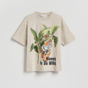 Bawełniany t-shirt z nadrukiem - 128 (7-8 lat) - beżowy - chłopcy - Reserved - 906HR-08X