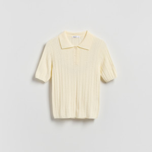 Sweter polo z wełną - XL - kremowy - damska - Reserved - 913IP-02X