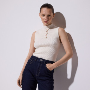 Dzianinowy top z różami - XL - kremowy - damska - Reserved - 926FG-02X