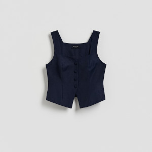 Kamizelka z lnem - 34 - granatowy - damska - Reserved - 932HU-59X