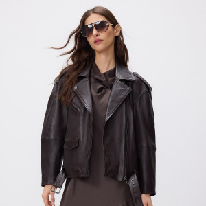 Skórzana kurtka typu biker - XS - ciemnobrązowy - damska - Reserved - 934JM-89X