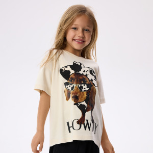 Luźny t-shirt z nadrukiem - 116 (5-6 lat) - beżowy - dziewczynki - Reserved - 965HT-08X