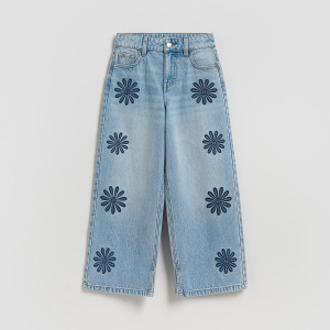 Jeansy wide leg z haftem - 116 (5-6 lat) - niebieski - dziewczynki - Reserved - 967IU-50J