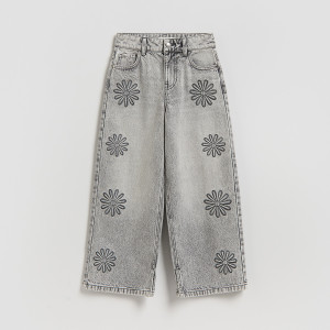 Jeansy wide leg z haftem - 158 (12 lat) - szary - dziewczynki - Reserved - 967IU-90J