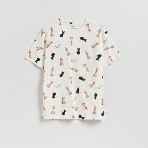 T-shirt regular z nadrukiem allover - S - beżowy - męska - Reserved - 977HL-08X