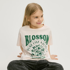 Luźny t-shirt z nadrukiem - 128 (7-8 lat) - beżowy - dziewczynki - Reserved - 984HT-08X