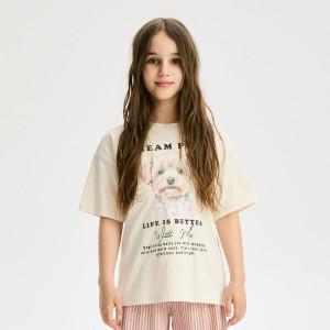 T-shirt z nadrukiem - 116 (5-6 lat) - kremowy - dziewczynki - Reserved - 985HT-02X