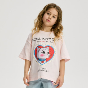 Luźny t-shirt z nadrukiem - 152 (11 lat) - pastelowy róż - dziewczynki - Reserved - 986HT-03X