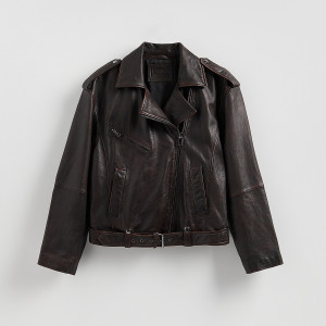 Skórzana kurtka typu biker - L - ciemnobrązowy - damska - Reserved - WM898-89X