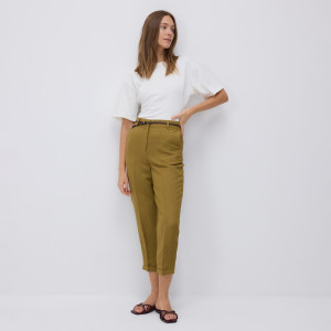 Spodnie w kant z lnem - 38 - oliwkowy - damska - Reserved - YH564-81X
