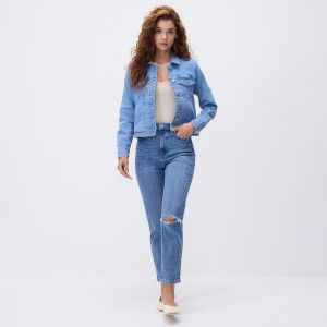 Jeansy mom fit z rozcięciem - 38 - niebieski - damska - Reserved - YR255-50J