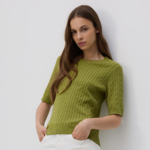 Sweter z ozdobnym splotem - M - oliwkowy - damska - Reserved - YT256-91X