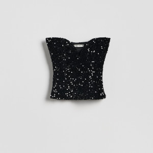 Cekinowy top - S - czarny - damska - Reserved - ZQ821-99X