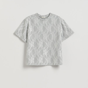 T-shirt z koronkową aplikacją - M - jasnoszary - damska - Reserved - ZQ822-09M