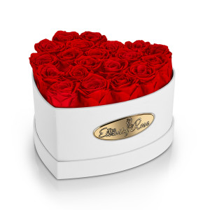 20 Konservierte Rote Rosen – Herzförmige Präsentationsbox in Weiß