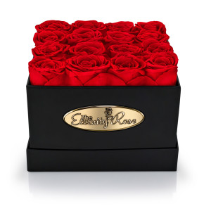 16 Konservierte Rote Rosen – Quadratische Präsentationsbox in Schwarz