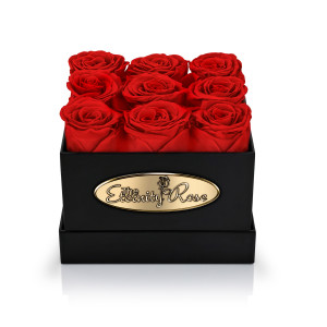 9 Konservierte Rote Rosen – Schwarze Quadratische Box
