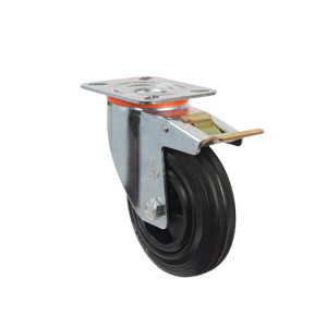 80mm Pressed Steel Swivel Castor with Black Rubber Wheel and Directional Brake | Ross Castors