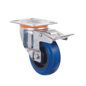 100mm Pressed Steel Swivel Castor with Blue Rubber Wheel and Directional Brake | Ross Castors