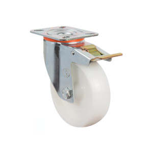 80mm Pressed Steel Swivel Castor with White Nylon Wheel and Directional Brake | Ross Castors