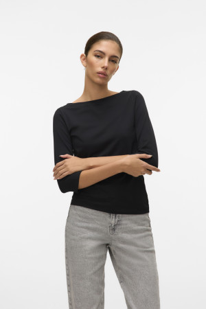 Vero Moda zwarte dames t-shirt   Boothals   Regular fit   Duurzaam   3/4 mouw Zwart L