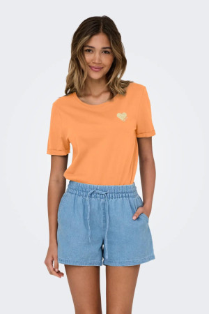 Only oranje dames t-shirt   Ronde hals   Regular fit   Hartjes patroon   Duurzaam   Korte mouw Oranje XL