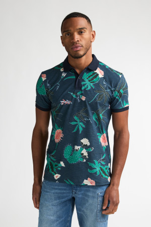 Petrol Industries blauwe heren polo   Rib kraag   Regular fit   Bloemen patroon   Knoopsluiting   Duurzaam   Korte mouw Blauw L