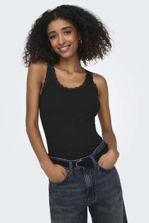 Only zwarte dames top   Ronde hals   Slim Fit   Kant patroon   Mouwloos Zwart XS