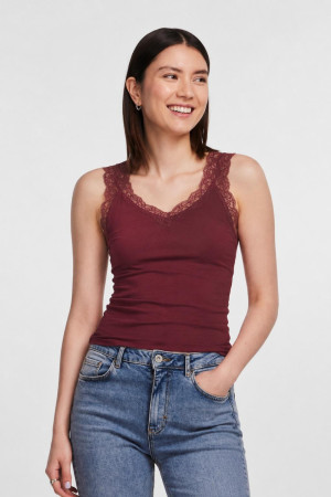 Pieces bordeaux dames top   Ronde hals   Slim Fit   Geen zakken   Kant patroon   Mouwloos Bordeaux S