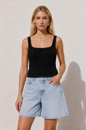 Vila zwarte dames top   Vierkante hals   Slim Fit   Ajour patroon   Mouwloos Zwart XL
