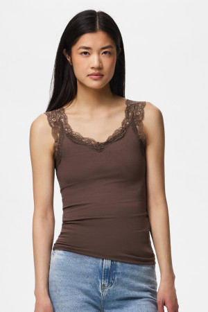 Pieces bruine dames top   V-hals   Slim Fit   Kant patroon   Duurzaam   Mouwloos Bruin M