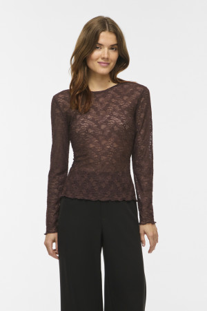 Vila bruine dames top   Ronde hals   Slim Fit   Kant patroon   Duurzaam   Lange mouw Bruin XS
