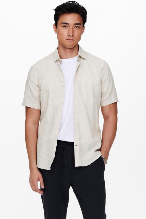 Only & Sons beige heren overhemd   Punt kraag   Regular fit   Geen zakken   Gemeleerd patroon   Knoopsluiting   Korte mouw Beige XL