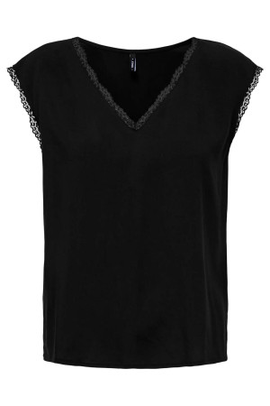 Only zwarte dames t-shirt   V-hals   Regular fit   Kant patroon   Kap mouw Zwart XL