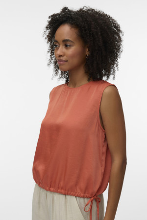 Vero Moda oranje dames top   Ronde hals   Regular fit   Geen zakken   Glans   Knoopsluiting   Mouwloos Oranje XS