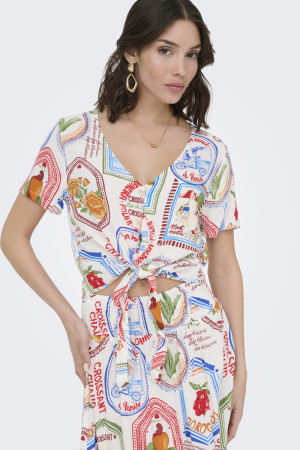 Jacqueline de Yong witte dames blouse   V-hals   Regular fit   Grafisch patroon   Knoopsluiting   Duurzaam   Korte mouw Wit XL