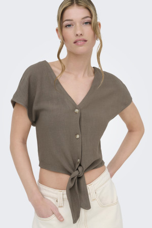Only bruine dames blouse   V-hals   Regular fit   Geen zakken   Gemeleerd patroon   Knoopsluiting   Kap mouw Bruin M