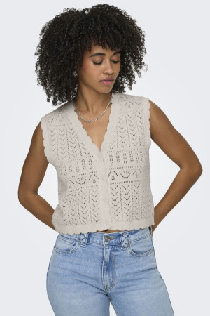Only beige dames vest   V-hals   Regular fit   Ajour patroon   Knoopsluiting   Mouwloos Beige L