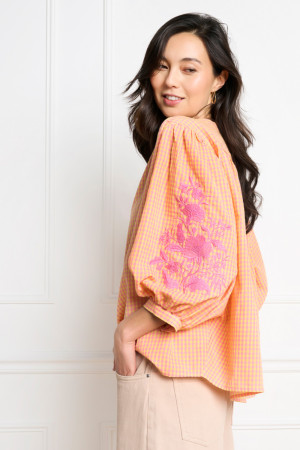 LolaLiza oranje dames blouse   Ronde hals   Regular fit   Bloemen patroon   Knoopsluiting   3/4 mouw Oranje XXL