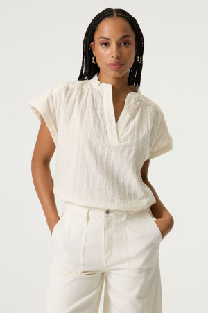 Garcia beige dames blouse   V-hals   Regular fit   Geen zakken   Pailletten patroon   Korte mouw Beige XXL
