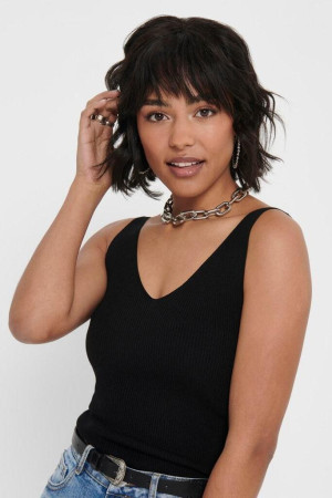 Jacqueline de Yong zwarte dames top   V-hals   Slim Fit   Rib patroon   Mouwloos Zwart XXL