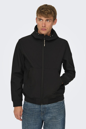 Only & Sons zwarte heren jas   Capuchon hals   Regular fit   Ritszakken   Ritssluiting   Lange mouw Zwart S