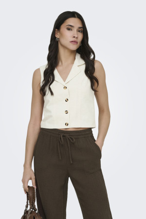 Jacqueline de Yong beige dames vest   Revers kraag   Regular fit   Gemeleerd patroon   Knoopsluiting   Mouwloos Beige M