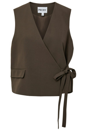 Pieces bruine dames vest   Overslag halslijn   Regular fit   Klepzakken   Knoopsluiting   Mouwloos Bruin M
