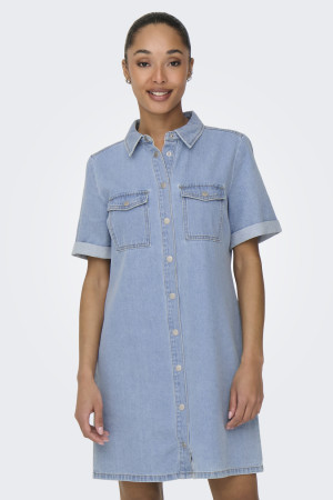Jacqueline de Yong blauwe dames jurk   Punt kraag   Bleached wash wassing   Regular fit   Borstzakken   Drukknoopsluiting   Korte mouw Blauw XS