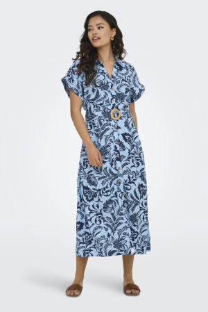 Only blauwe dames jurk   Punt kraag   Regular fit   Steekzakken   Bloemen patroon   Knoopsluiting   Korte mouw Blauw XS