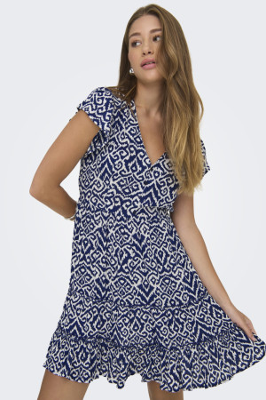 Only blauwe dames jurk   V-hals   Regular fit   Grafisch patroon   Duurzaam   Kap mouw Blauw S